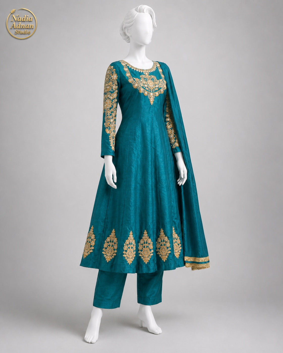 SEA GREEN RAW SILK MAXI -M / L side view - Sea Green Raw Silk Maxi by Nadia Adnan Studio