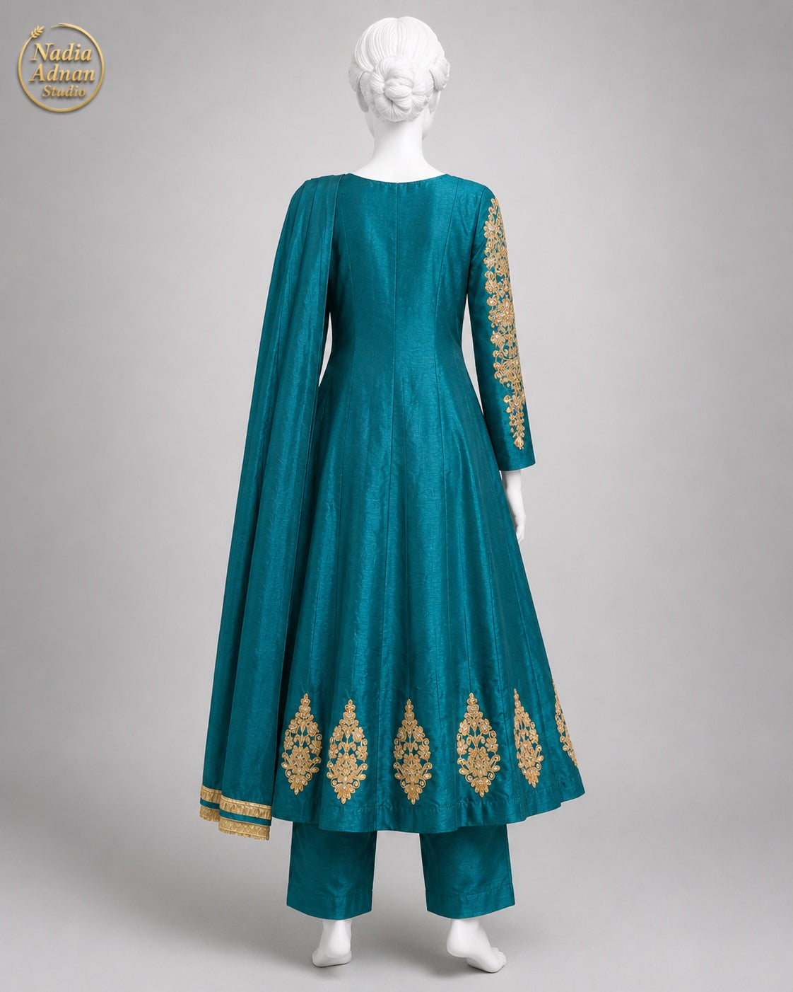 SEA GREEN RAW SILK MAXI -M / L back view - Sea Green Raw Silk Maxi by Nadia Adnan Studio