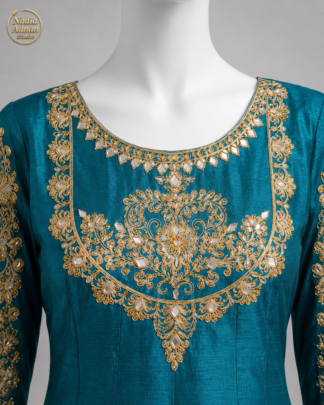 SEA GREEN RAW SILK MAXI -M / L neckline close-up - Sea Green Raw Silk Maxi by Nadia Adnan Studio