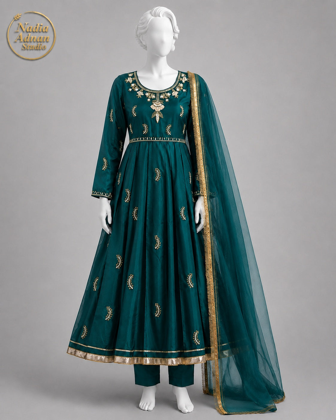 SEA GREEN TEAL KATAN MAXI -M front view - Sea Green Teal Katan Maxi by Nadia Adnan Studio