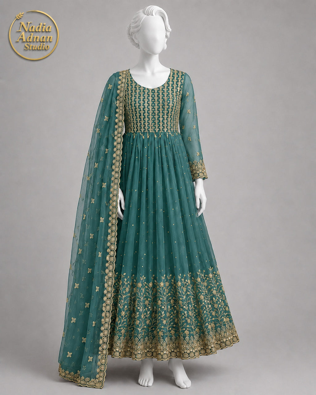 GREEN CHIFFON MAXI -S front view - Green Chiffon Maxi by Nadia Adnan Studio