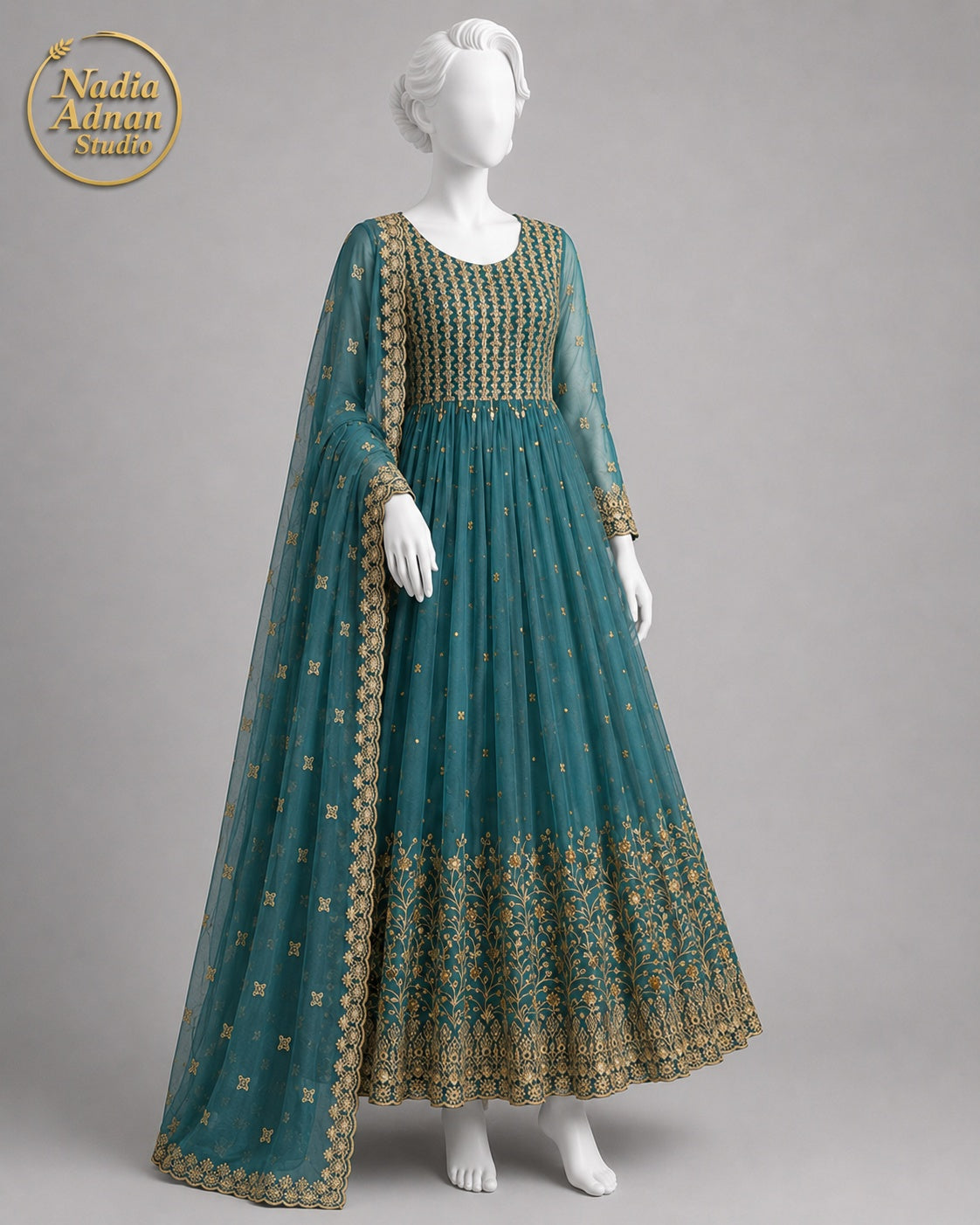GREEN CHIFFON MAXI -S side view - Green Chiffon Maxi by Nadia Adnan Studio