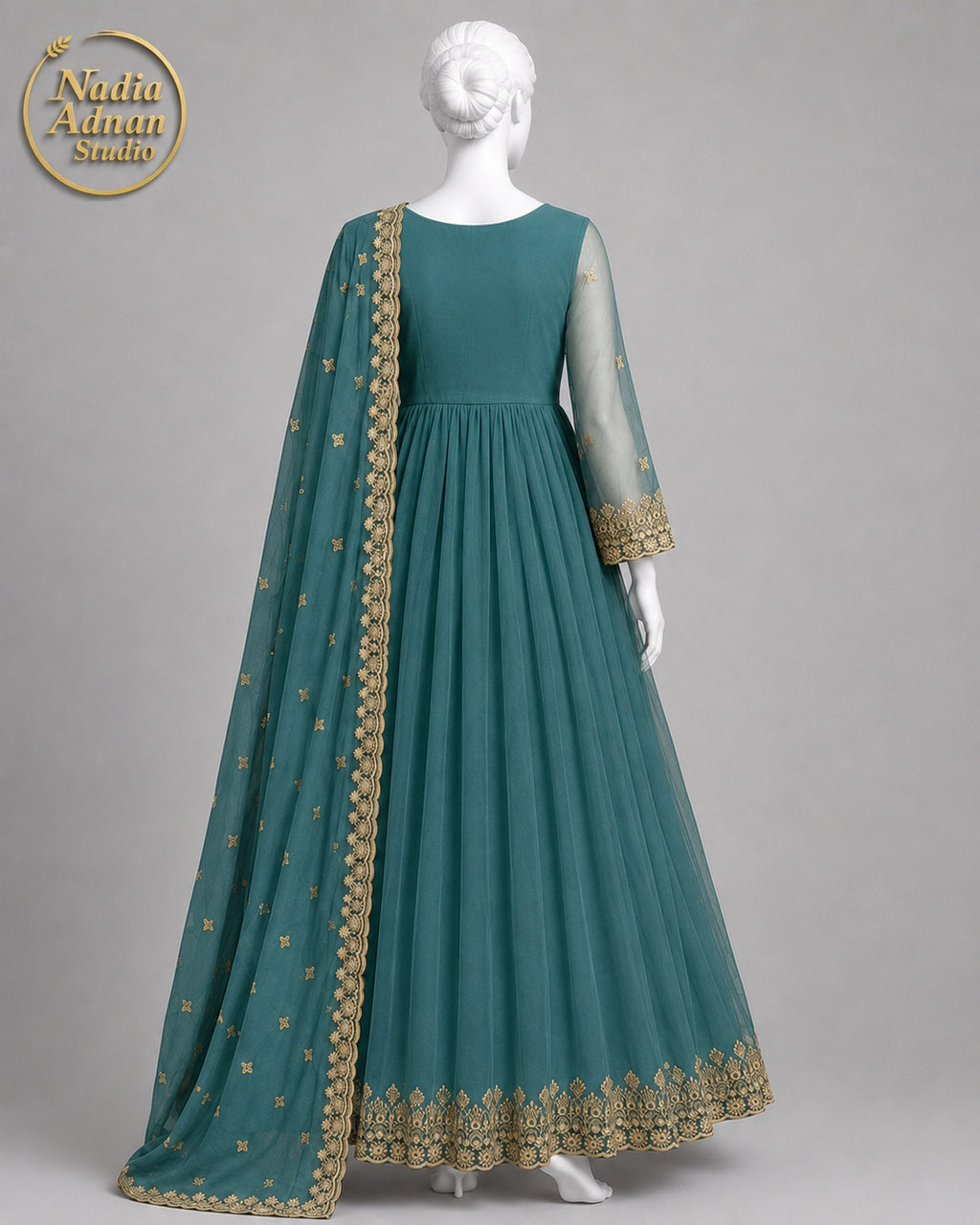 GREEN CHIFFON MAXI -S back view - Green Chiffon Maxi by Nadia Adnan Studio