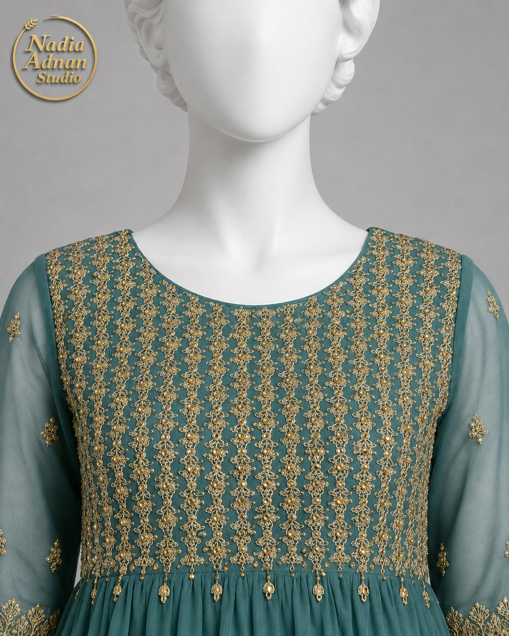 GREEN CHIFFON MAXI -S neckline close-up - Green Chiffon Maxi by Nadia Adnan Studio