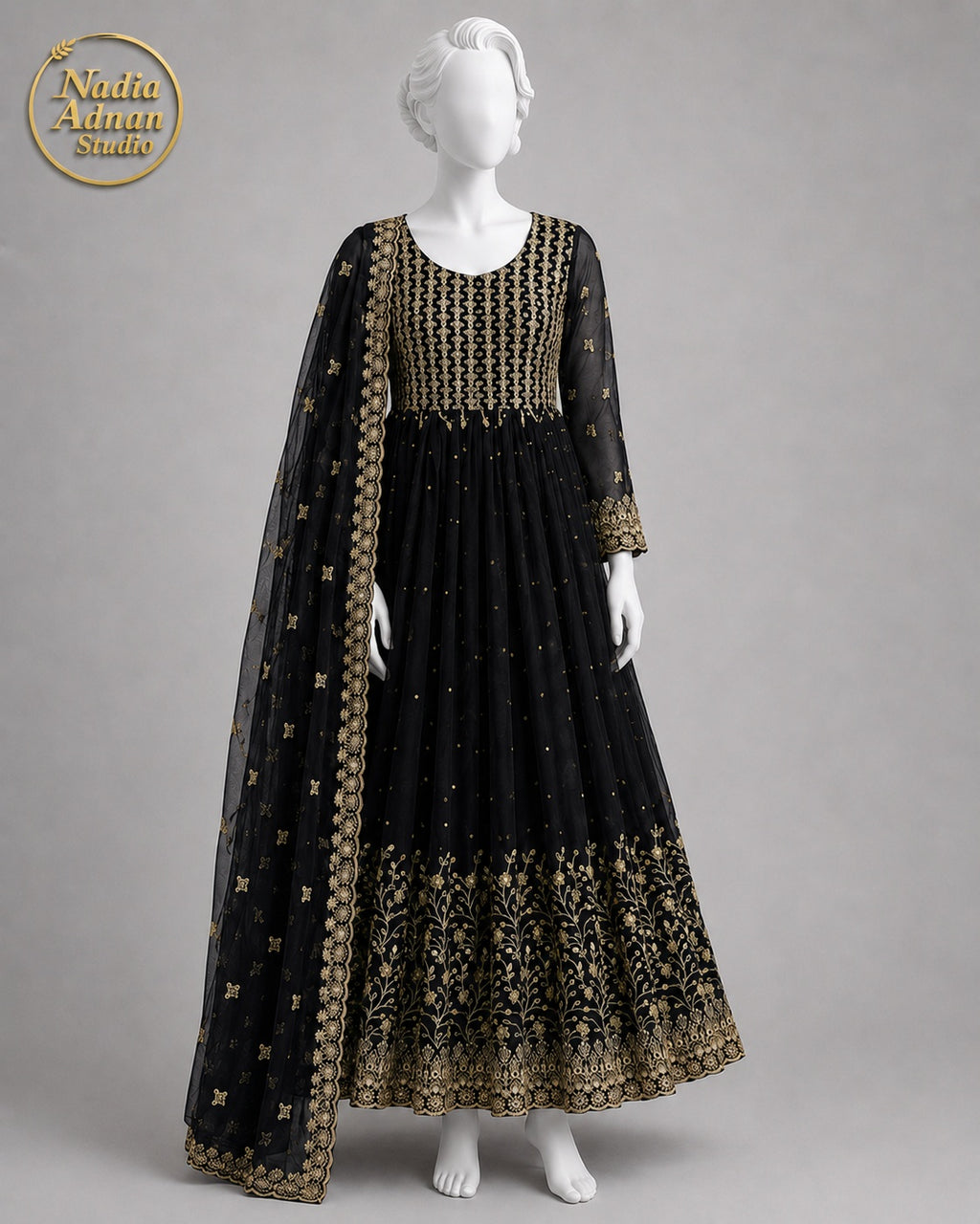 BLACK CHIFFON MAXI -L front view - Black Chiffon Maxi by Nadia Adnan Studio