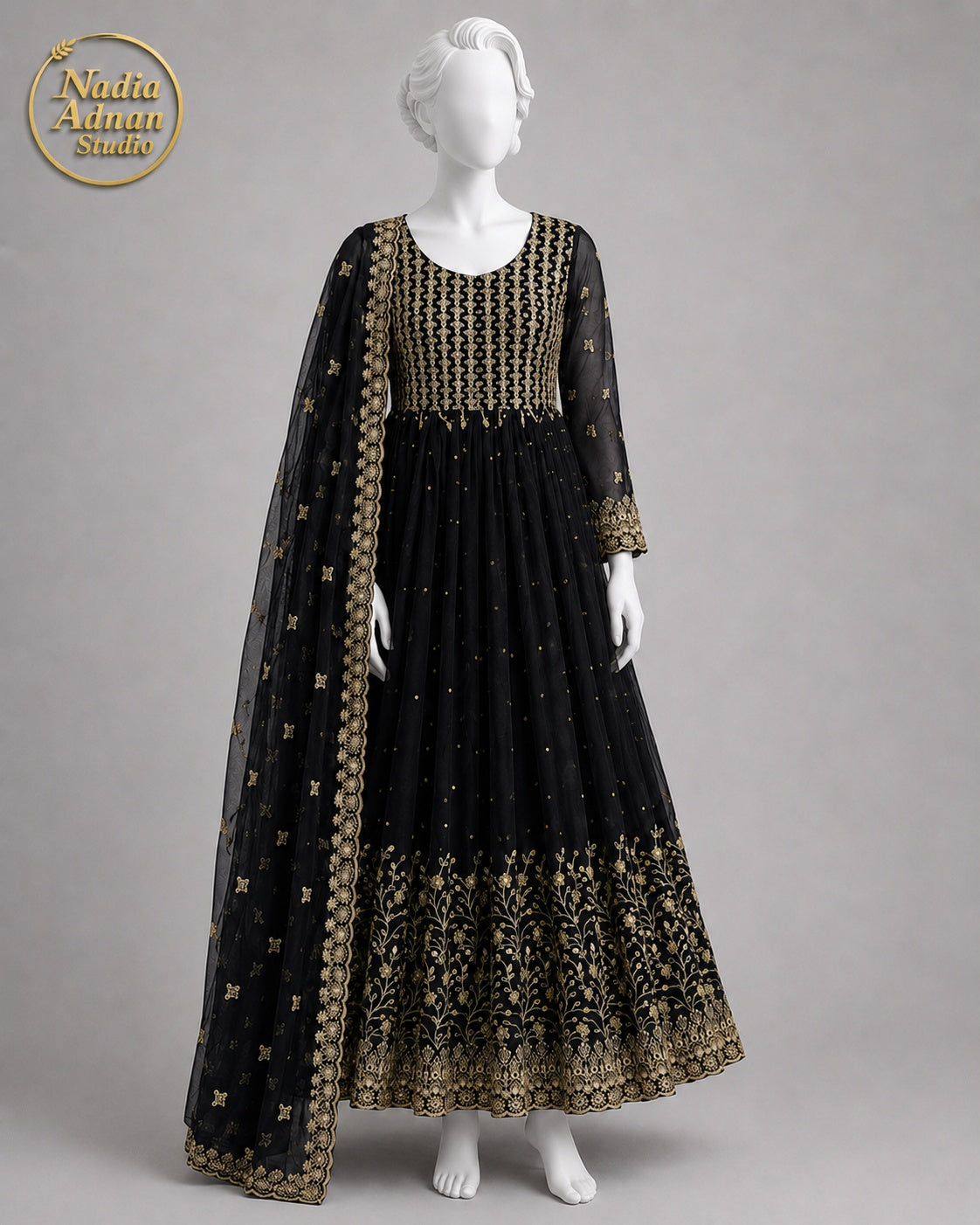 BLACK CHIFFON MAXI -L front view - Black Chiffon Maxi by Nadia Adnan Studio