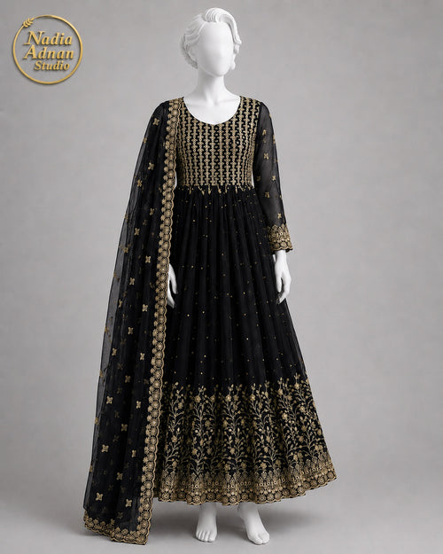 BLACK CHIFFON MAXI -L front view - Black Chiffon Maxi by Nadia Adnan Studio