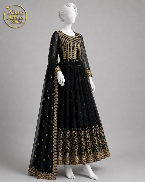 BLACK CHIFFON MAXI -L side view - Black Chiffon Maxi by Nadia Adnan Studio