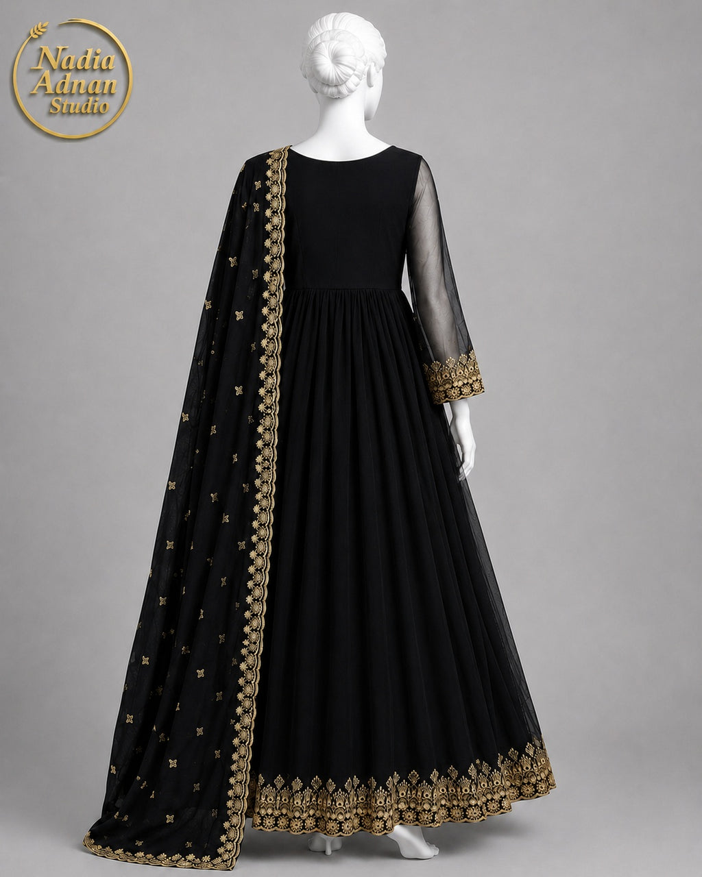 BLACK CHIFFON MAXI -L back view - Black Chiffon Maxi by Nadia Adnan Studio