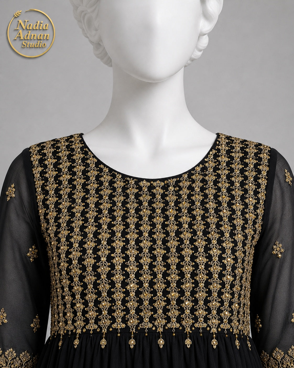 BLACK CHIFFON MAXI -L neckline close-up - Black Chiffon Maxi by Nadia Adnan Studio