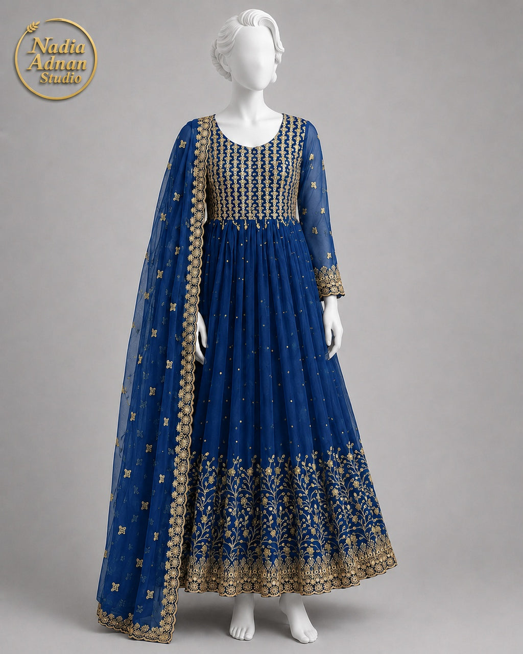 BLUE CHIFFON MAXI -M front view - Blue Chiffon Maxi by Nadia Adnan Studio
