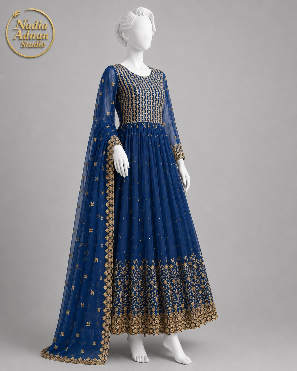 BLUE CHIFFON MAXI -M side view - Blue Chiffon Maxi by Nadia Adnan Studio