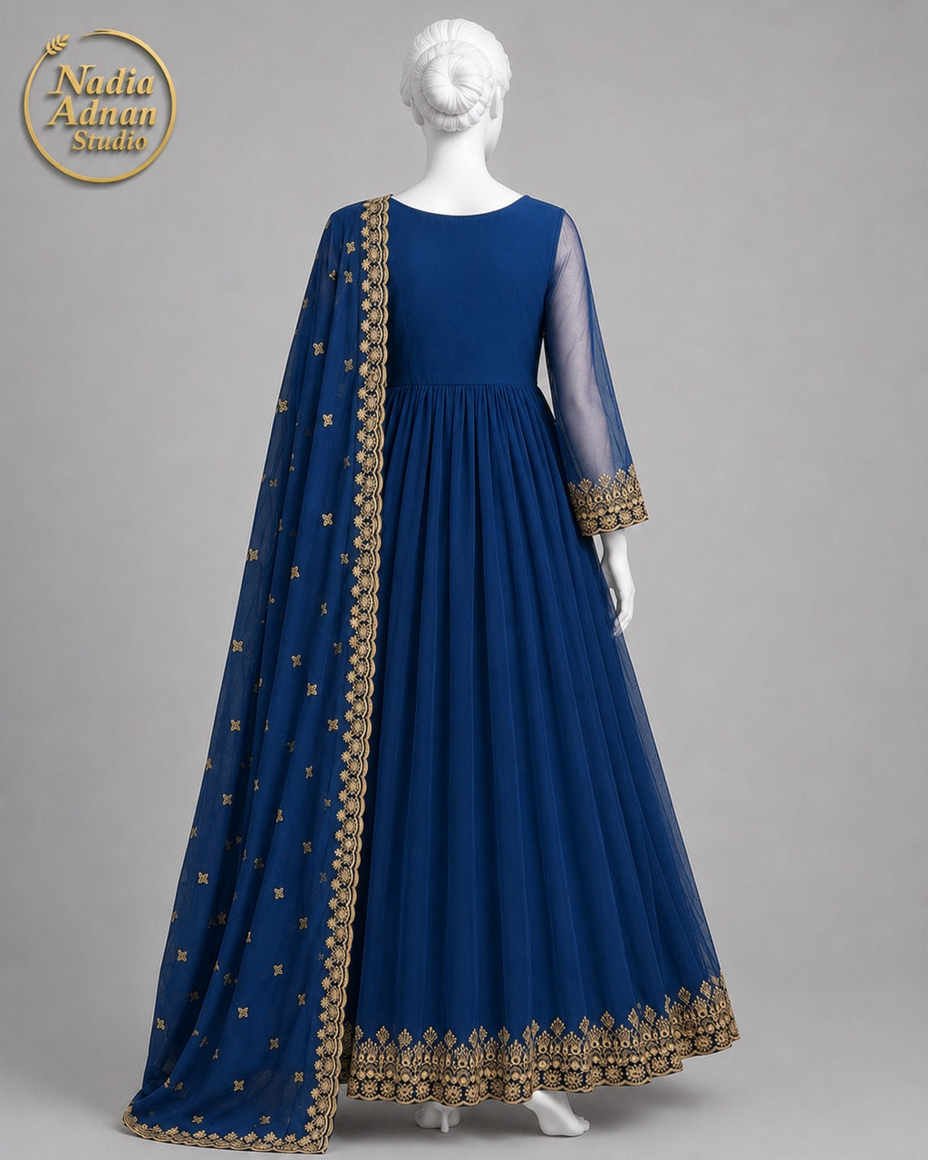 BLUE CHIFFON MAXI -M back view - Blue Chiffon Maxi by Nadia Adnan Studio