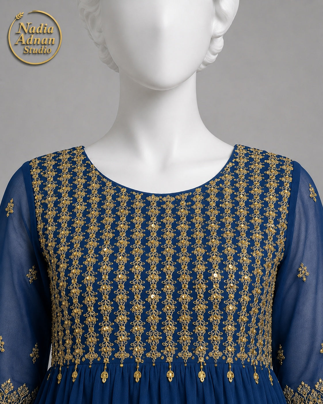 BLUE CHIFFON MAXI -M neckline close-up - Blue Chiffon Maxi by Nadia Adnan Studio