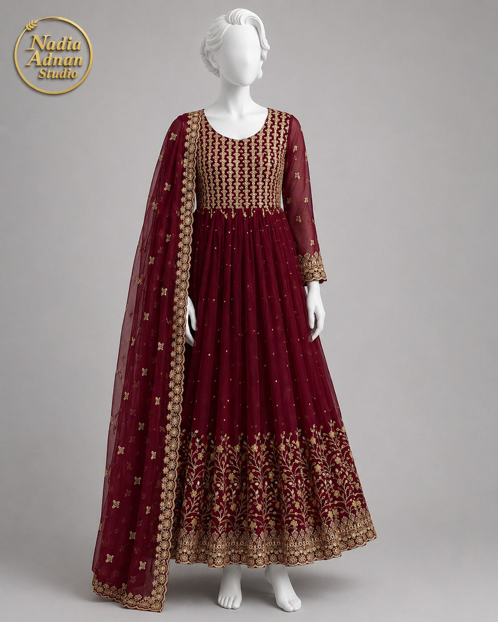 MAROON CHIFFON MAXI -S front view - Maroon Chiffon Maxi by Nadia Adnan Studio