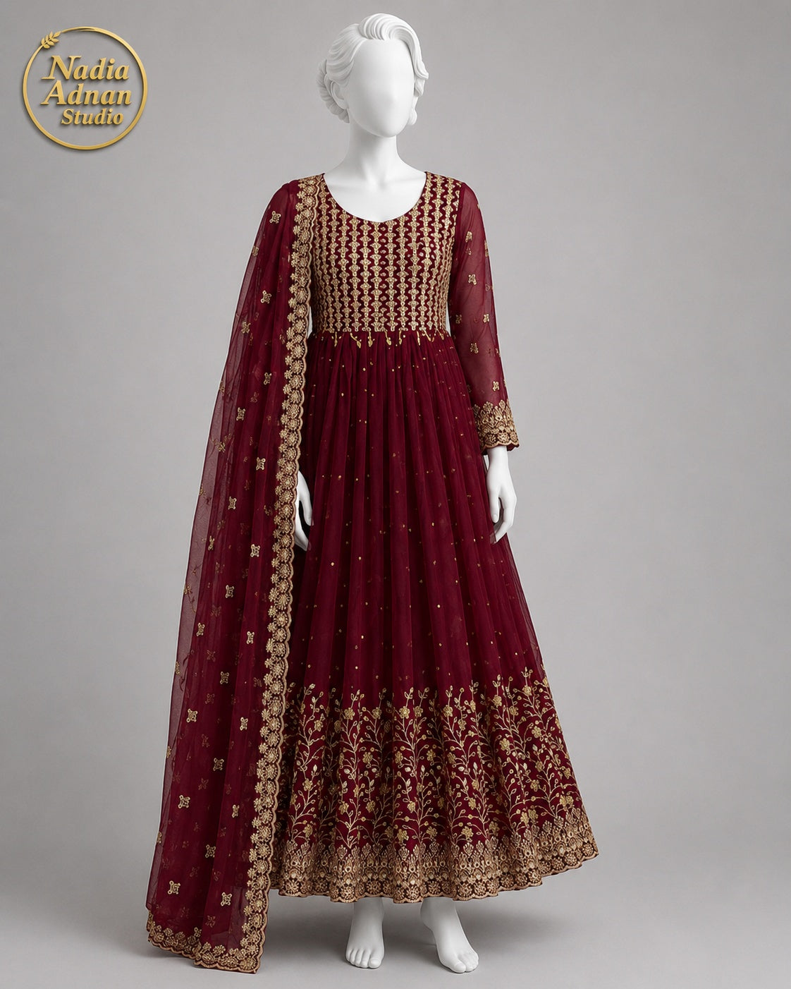 MAROON CHIFFON MAXI -S front view - Maroon Chiffon Maxi by Nadia Adnan Studio