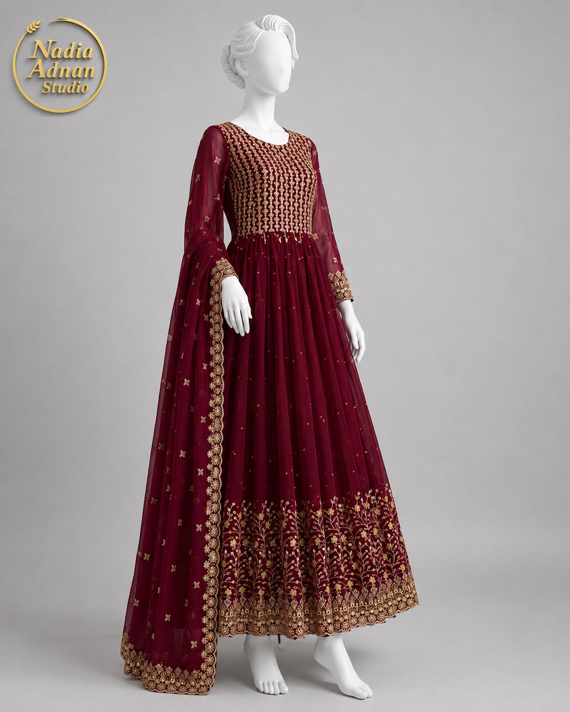 MAROON CHIFFON MAXI -S side view - Maroon Chiffon Maxi by Nadia Adnan Studio