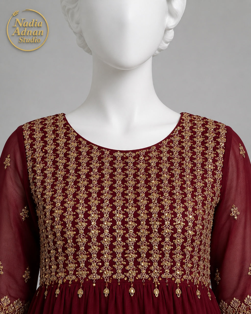 MAROON CHIFFON MAXI -S back view - Maroon Chiffon Maxi by Nadia Adnan Studio