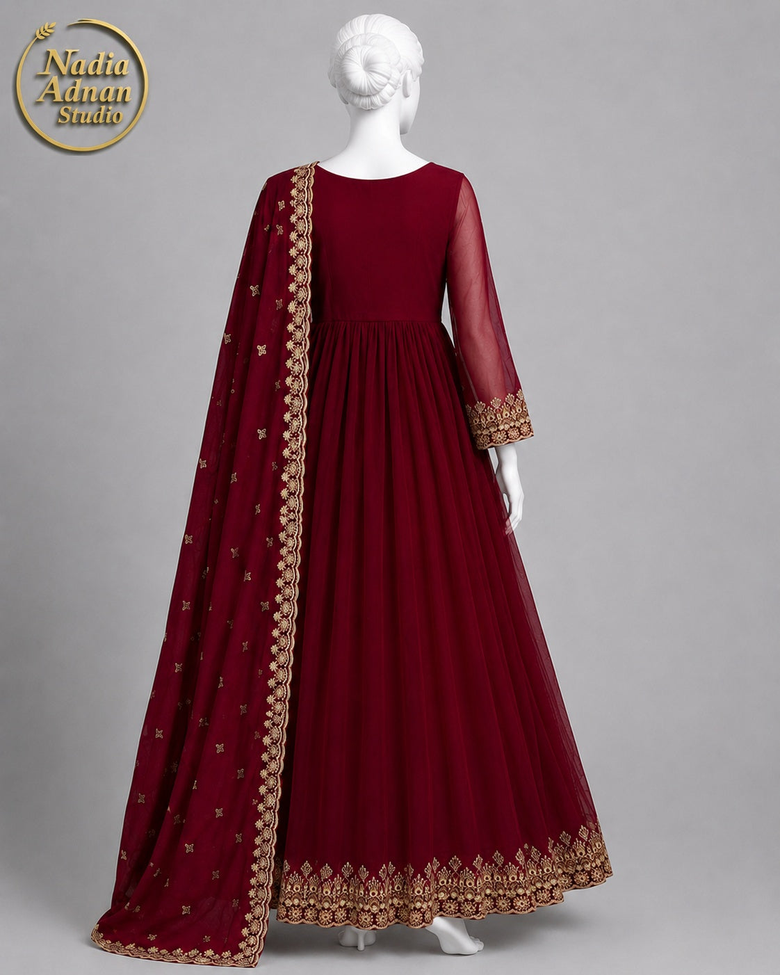 MAROON CHIFFON MAXI -S neckline close-up - Maroon Chiffon Maxi by Nadia Adnan Studio