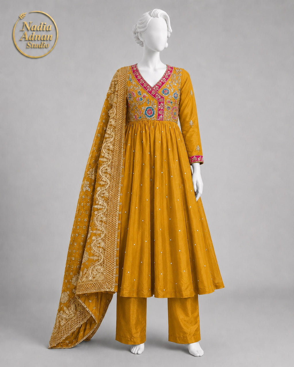 MUSTARD CHIFFON MAXI -L front view - Mustard Chiffon Maxi by Nadia Adnan Studio