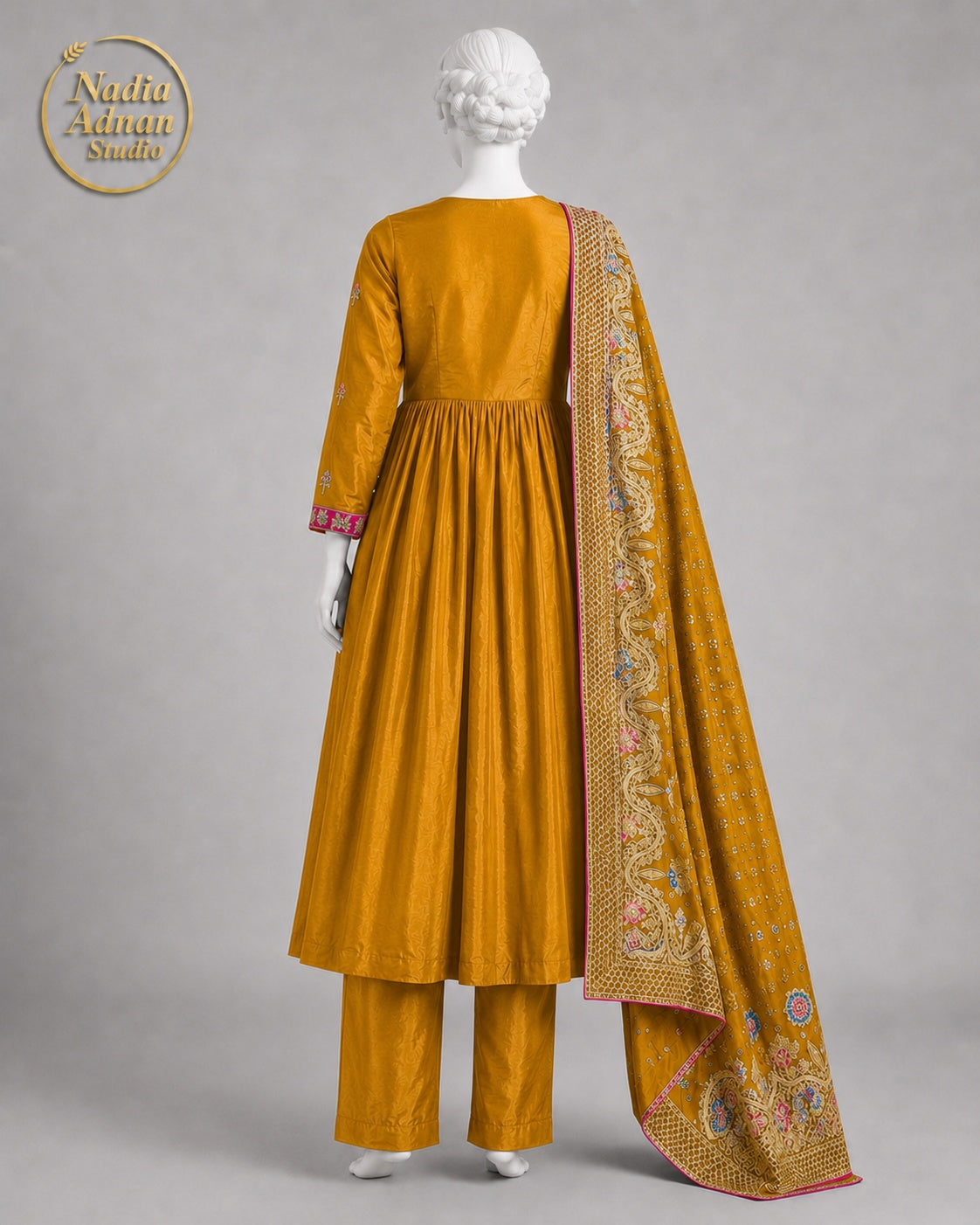 MUSTARD CHIFFON MAXI -L side view - Mustard Chiffon Maxi by Nadia Adnan Studio
