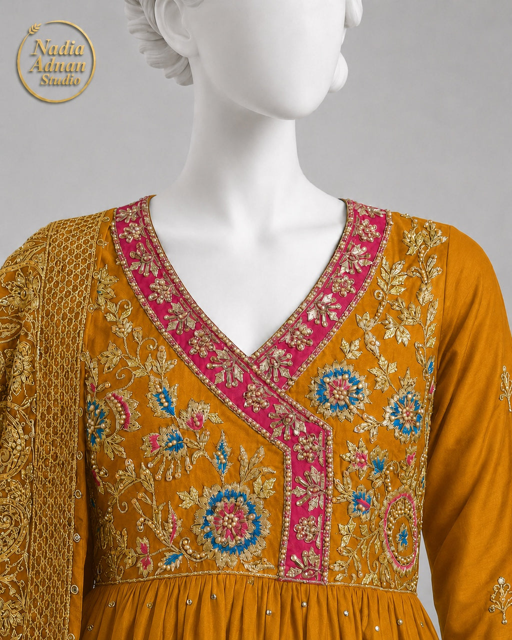MUSTARD CHIFFON MAXI -L back view - Mustard Chiffon Maxi by Nadia Adnan Studio