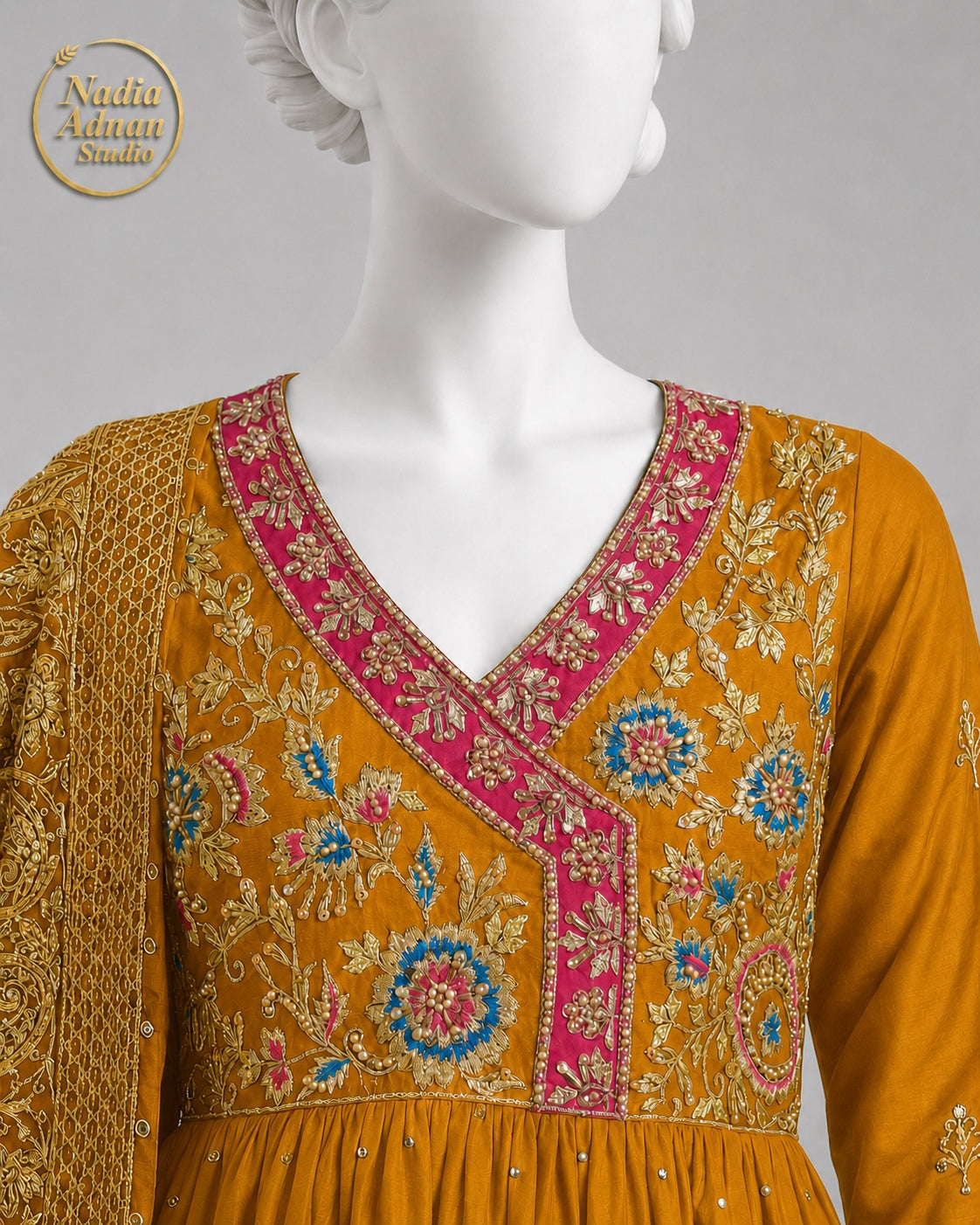 MUSTARD CHIFFON MAXI -L back view - Mustard Chiffon Maxi by Nadia Adnan Studio