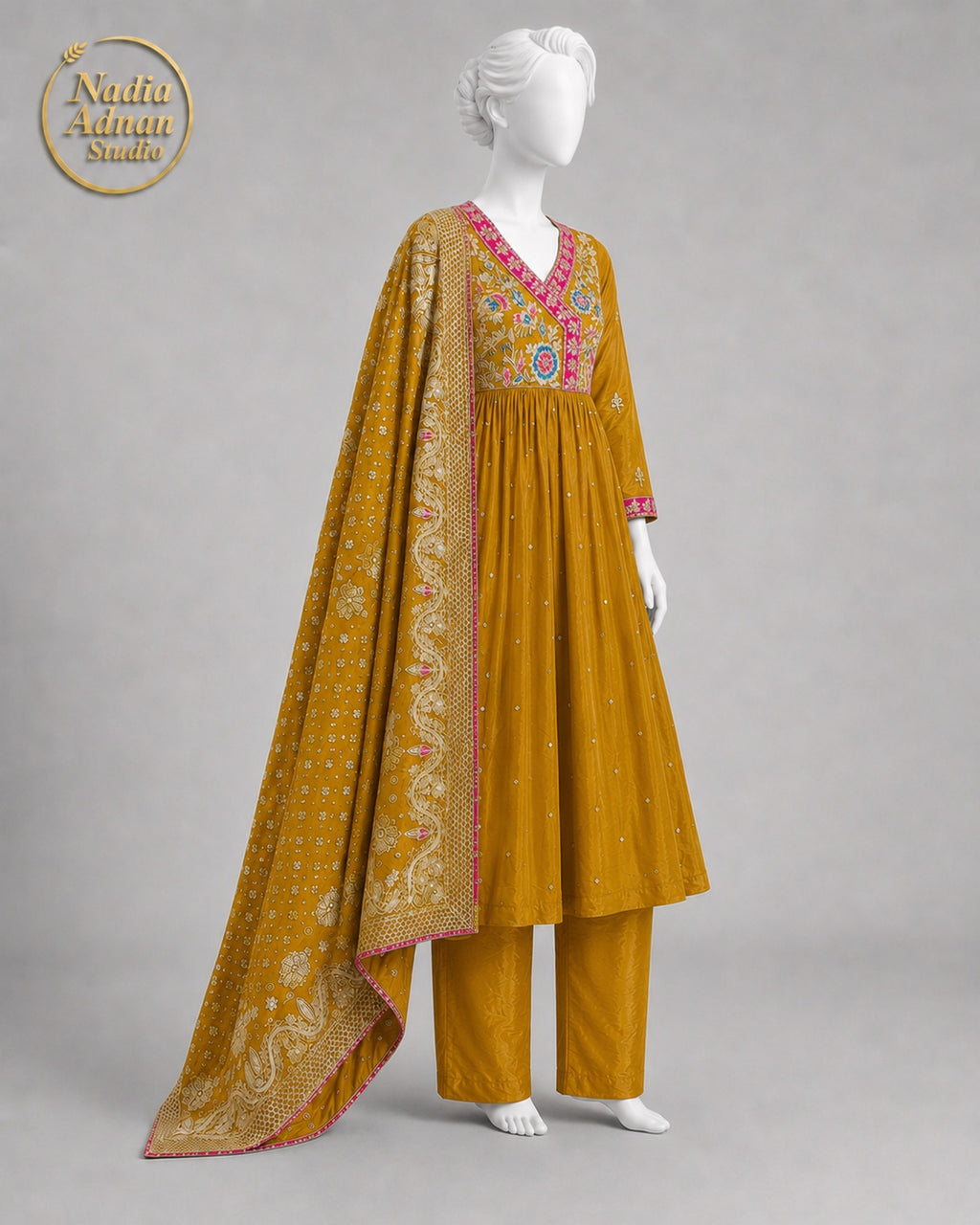 MUSTARD CHIFFON MAXI -L neckline close-up - Mustard Chiffon Maxi by Nadia Adnan Studio