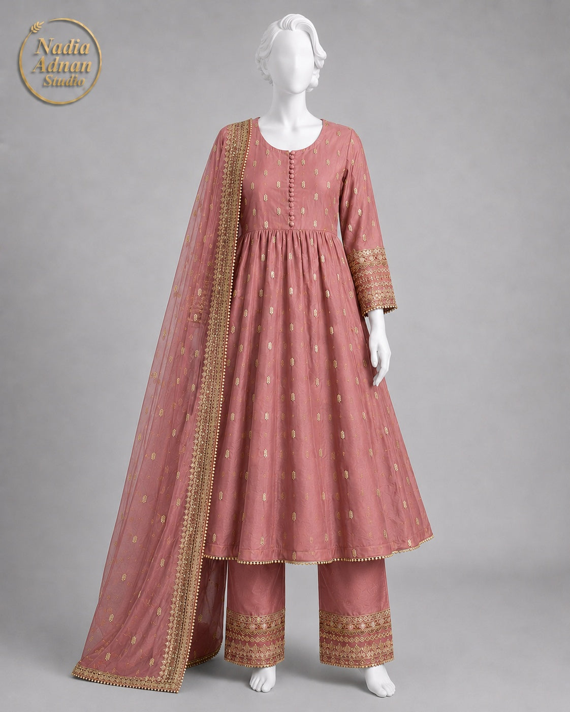 PEACH CHIFFON FROCK -S front view - Peach Chiffon Frock by Nadia Adnan Studio