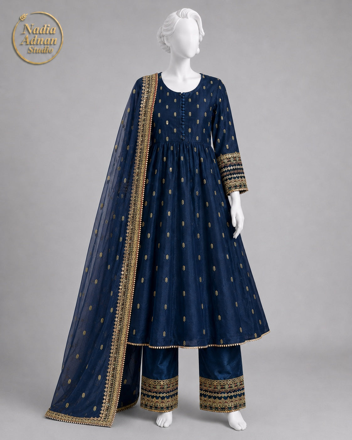 DEEP ZINC NAVY CHIFFON FROCK -M front view - Deep Zinc Navy Chiffon Frock by Nadia Adnan Studio