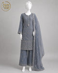 STEEL BLUE SILK SHIRT SUIT -L front view - Steel Blue Silk Shirt Suit by Nadia Adnan Studio