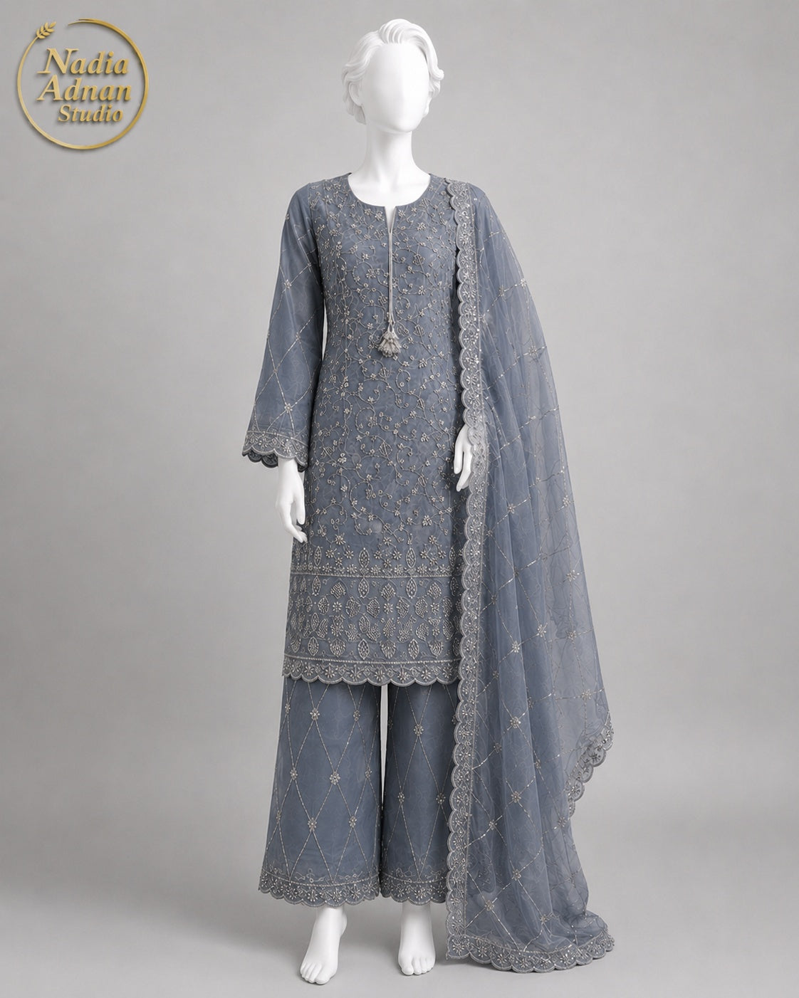 STEEL BLUE SILK SHIRT SUIT -L front view - Steel Blue Silk Shirt Suit by Nadia Adnan Studio