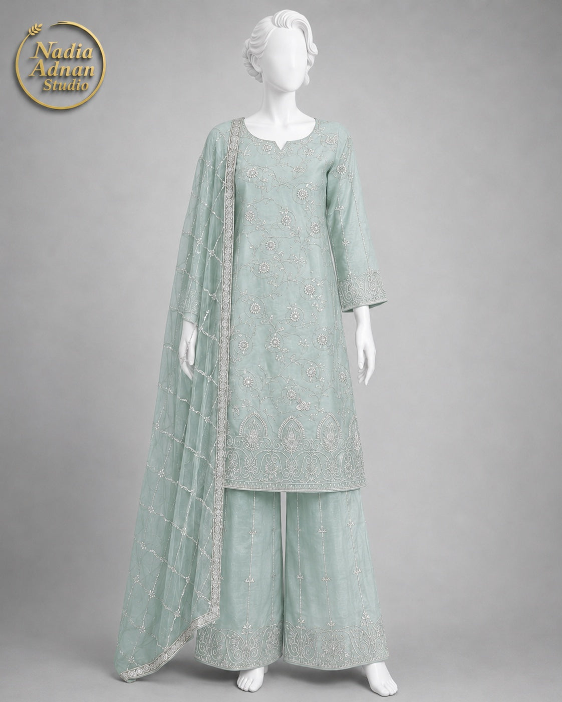 MINT SILK SHIRT SUIT -L front view - Mint Silk Shirt Suit by Nadia Adnan Studio