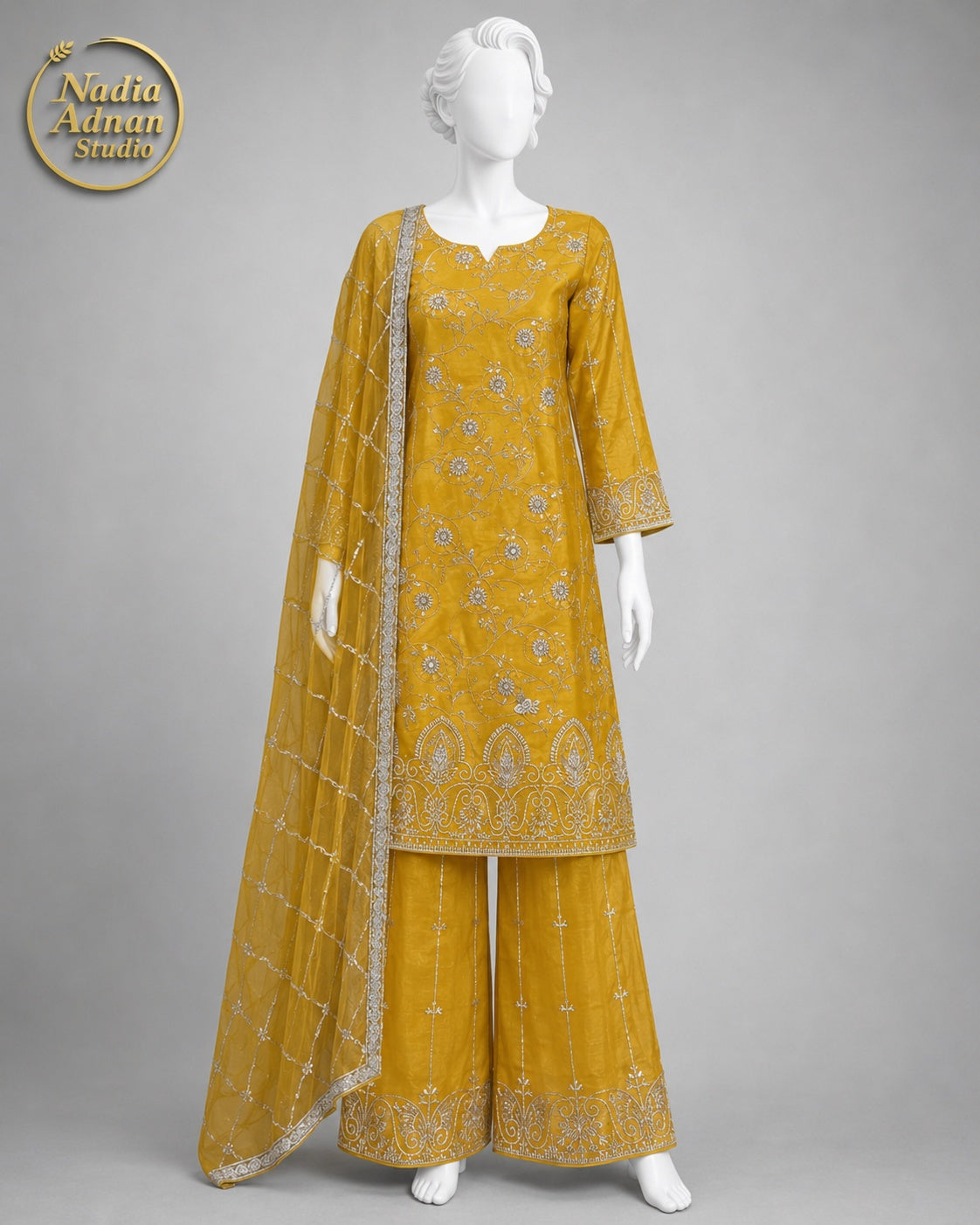 MUSTARD YELLOW SILK SHIRT SUIT -L front view - Mustard Yellow Silk Shirt Suit by Nadia Adnan Studio