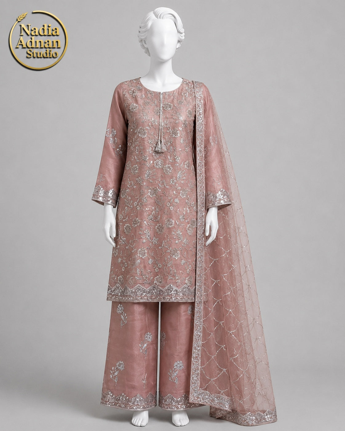 PEACH SILK SHIRT SUIT -M front view - Peach Silk Shirt Suit by Nadia Adnan Studio