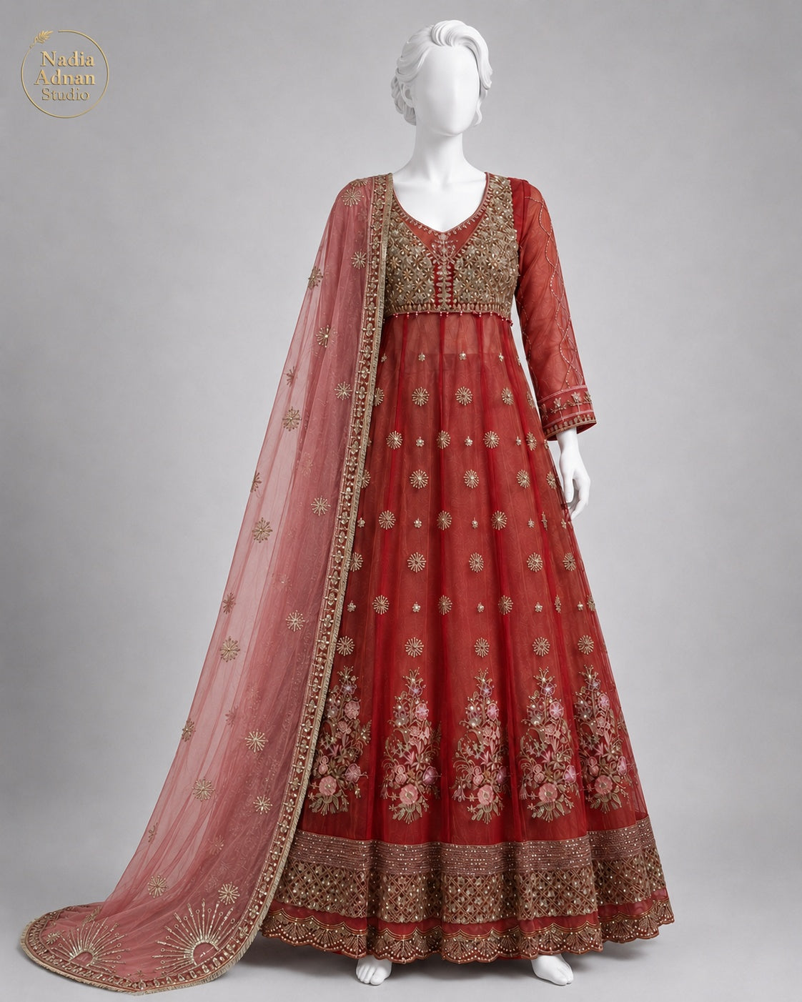 MAROON RUST NET MAXI -M / L front view - Maroon Rust Net Maxi by Nadia Adnan Studio
