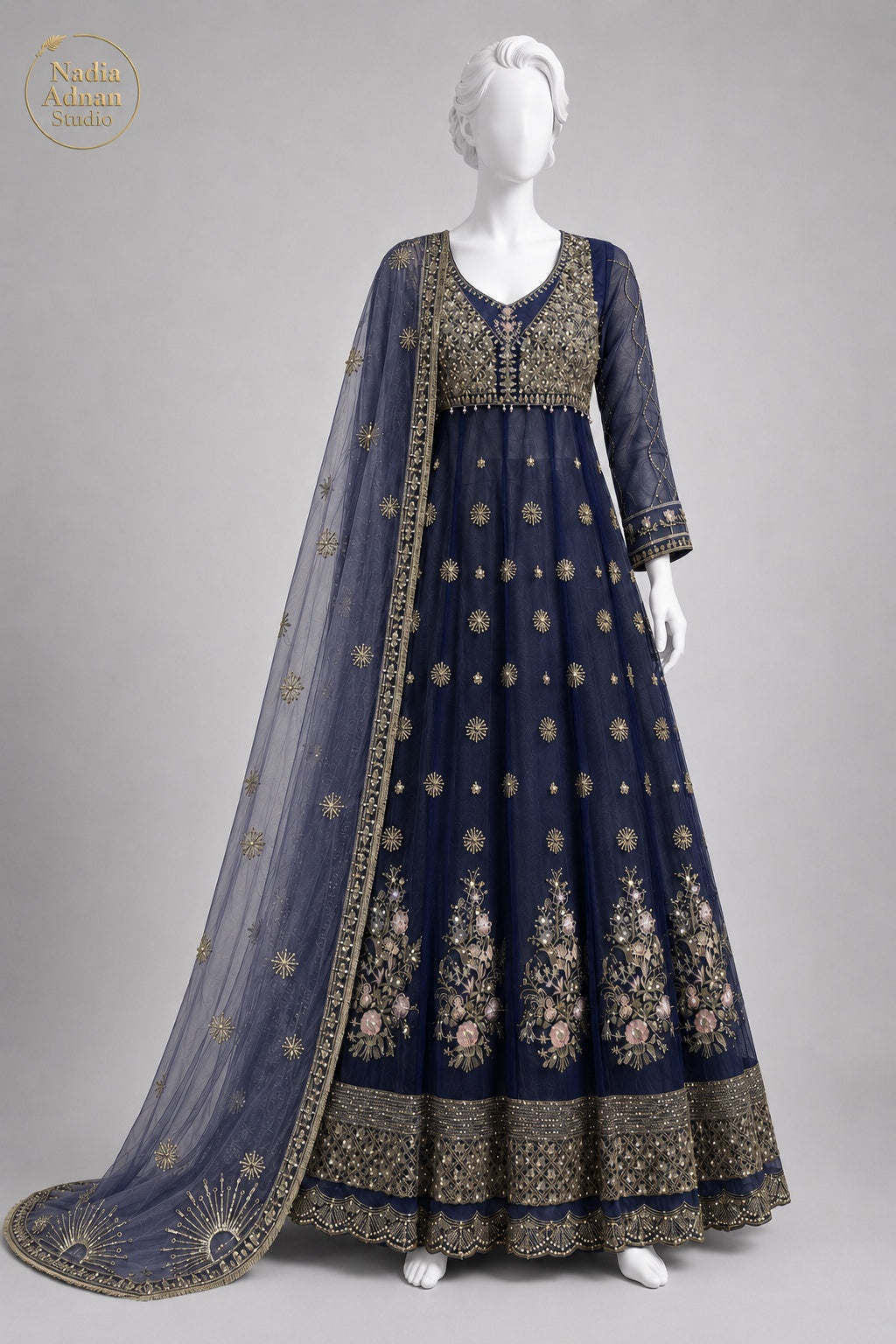 NAVY BLUE NET MAXI -M / L front view - Navy Blue Net Maxi by Nadia Adnan Studio