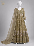 MEHNDI OLIVE GOLD NET MAXI -M / L front view - Mehndi Olive Gold Net Maxi by Nadia Adnan Studio