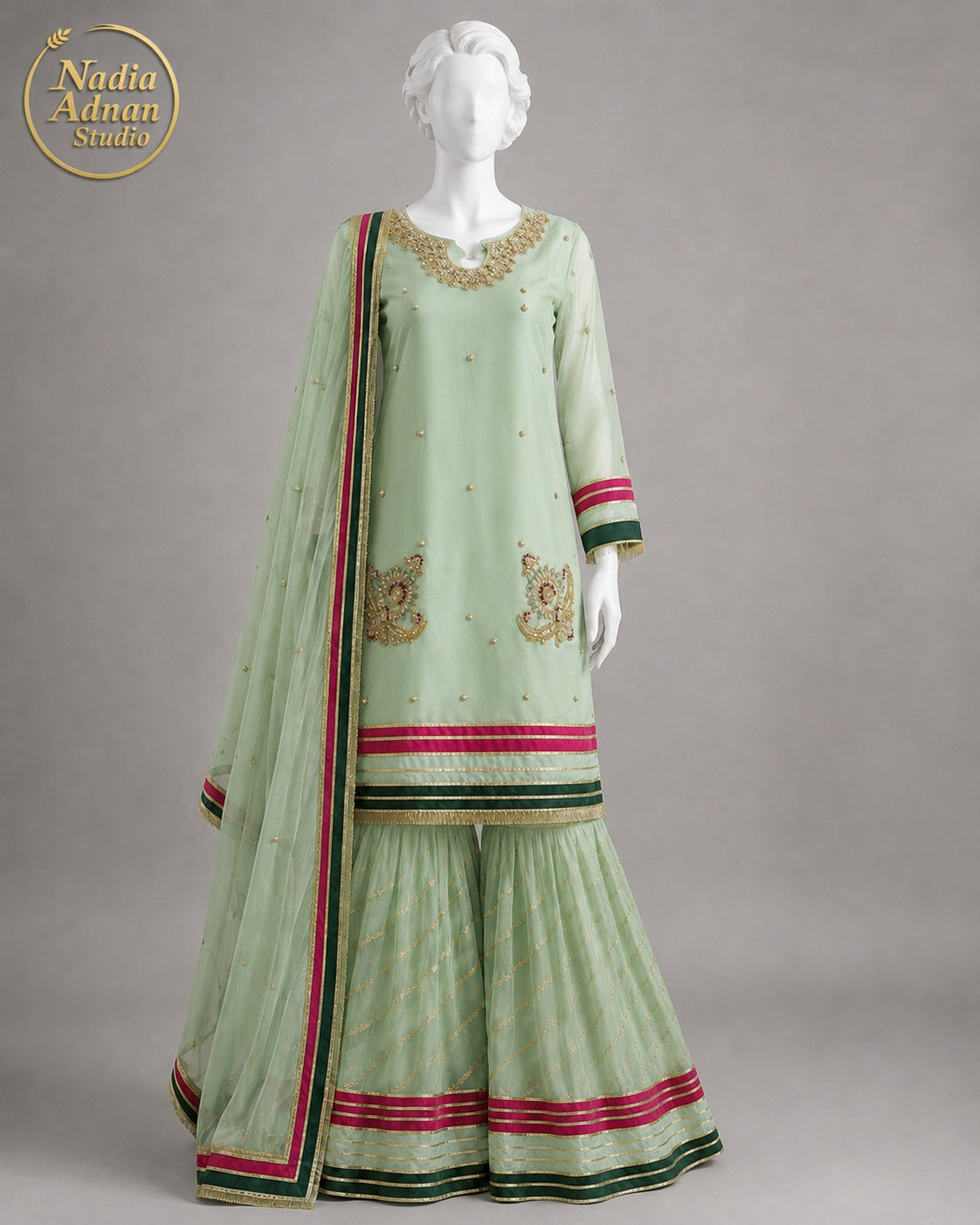 MINT GREEN CHIFFON GHARARA -M front view - Mint Green Chiffon Gharara by Nadia Adnan Studio
