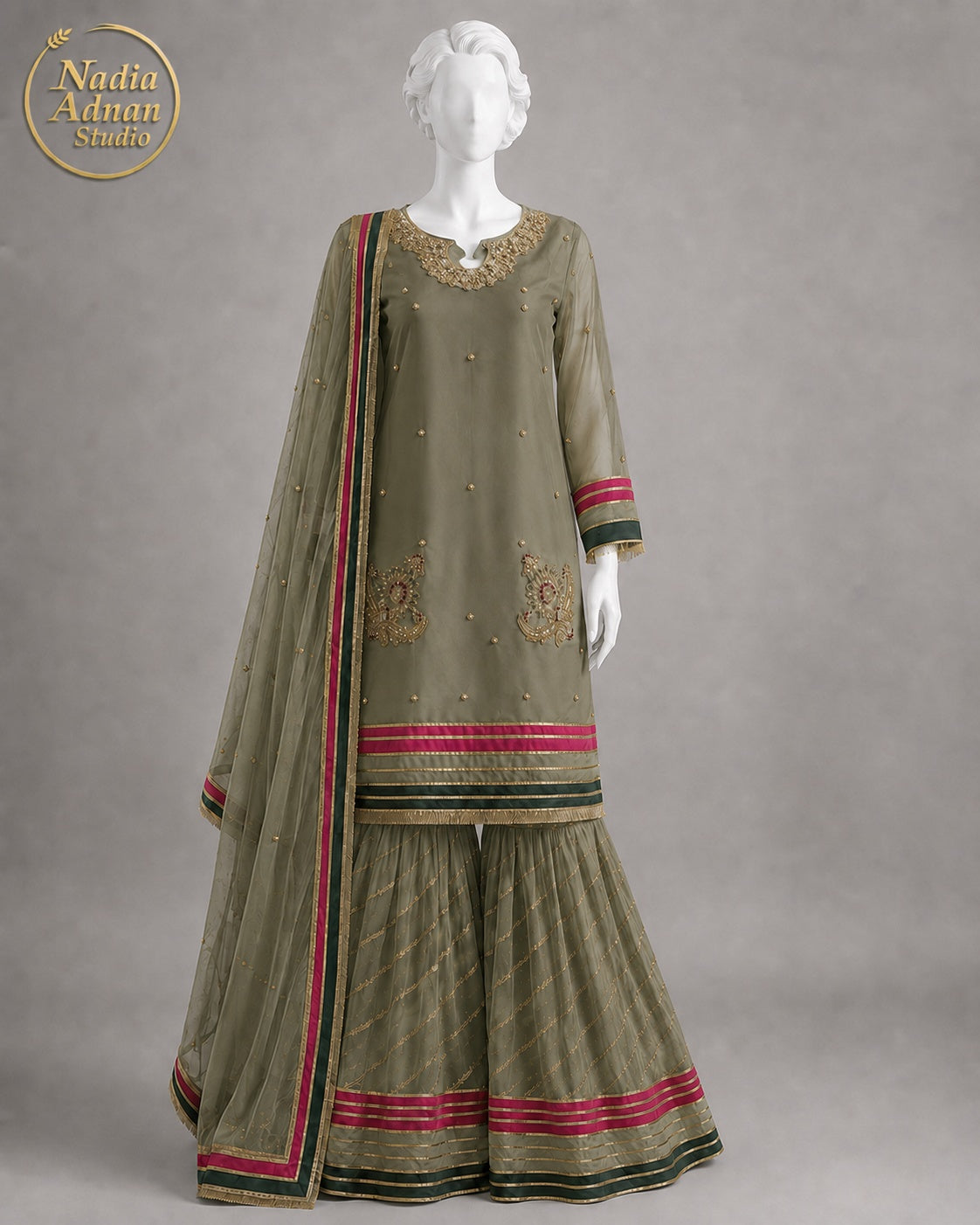 MEHNDI GREEN CHIFFON GHARARA -L front view - Mehndi Green Chiffon Gharara by Nadia Adnan Studio