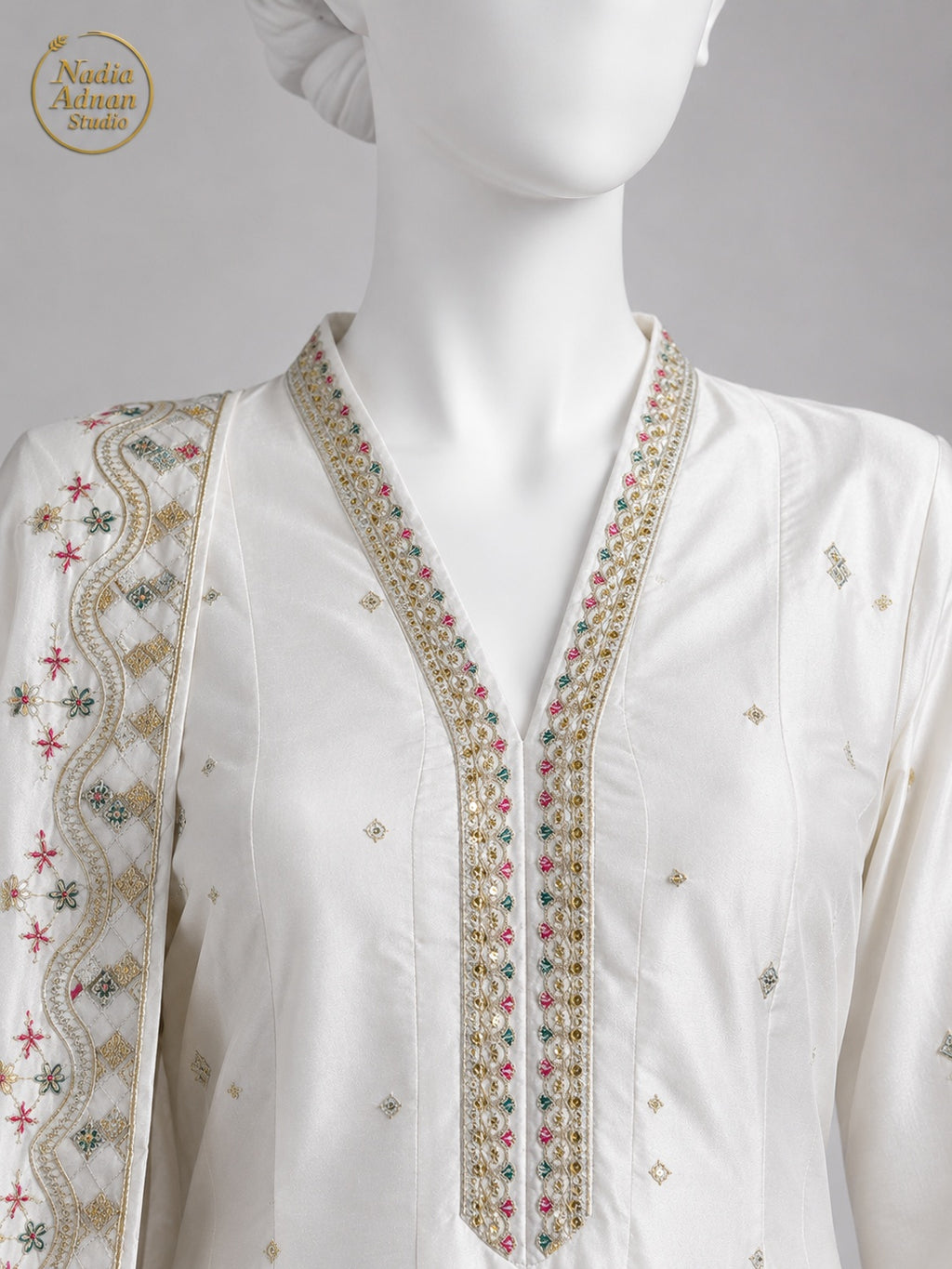WHITE KATAN MAXI -M neckline close-up - White Katan Maxi by Nadia Adnan Studio