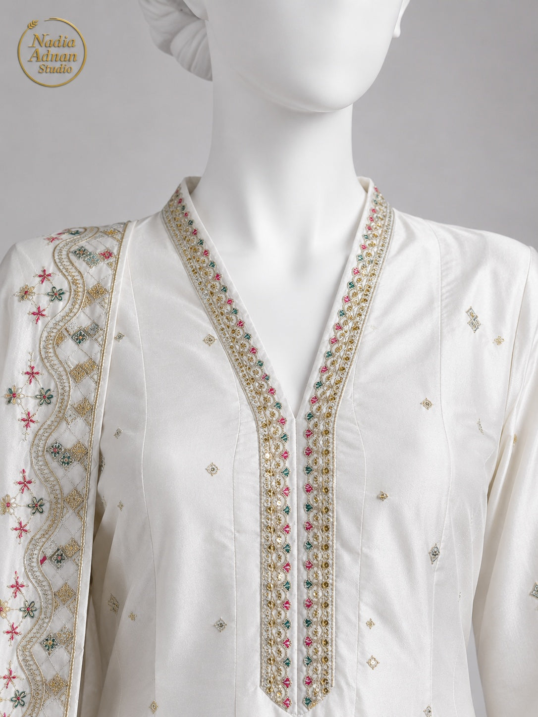 WHITE KATAN MAXI -M neckline close-up - White Katan Maxi by Nadia Adnan Studio