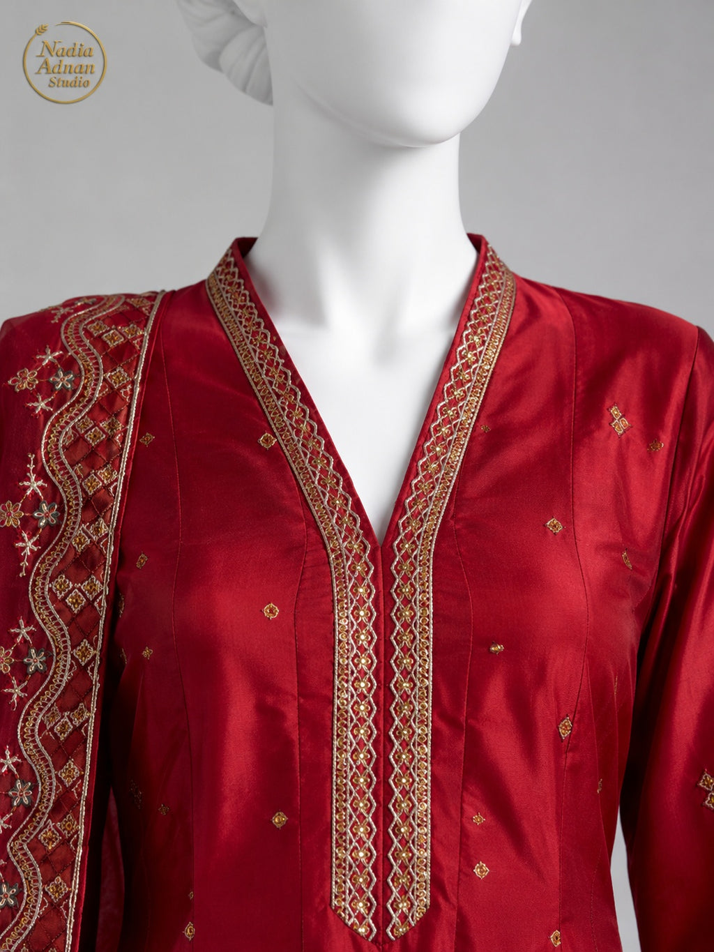 RED KATAN MAXI -M neckline close-up - Red Katan Maxi by Nadia Adnan Studio