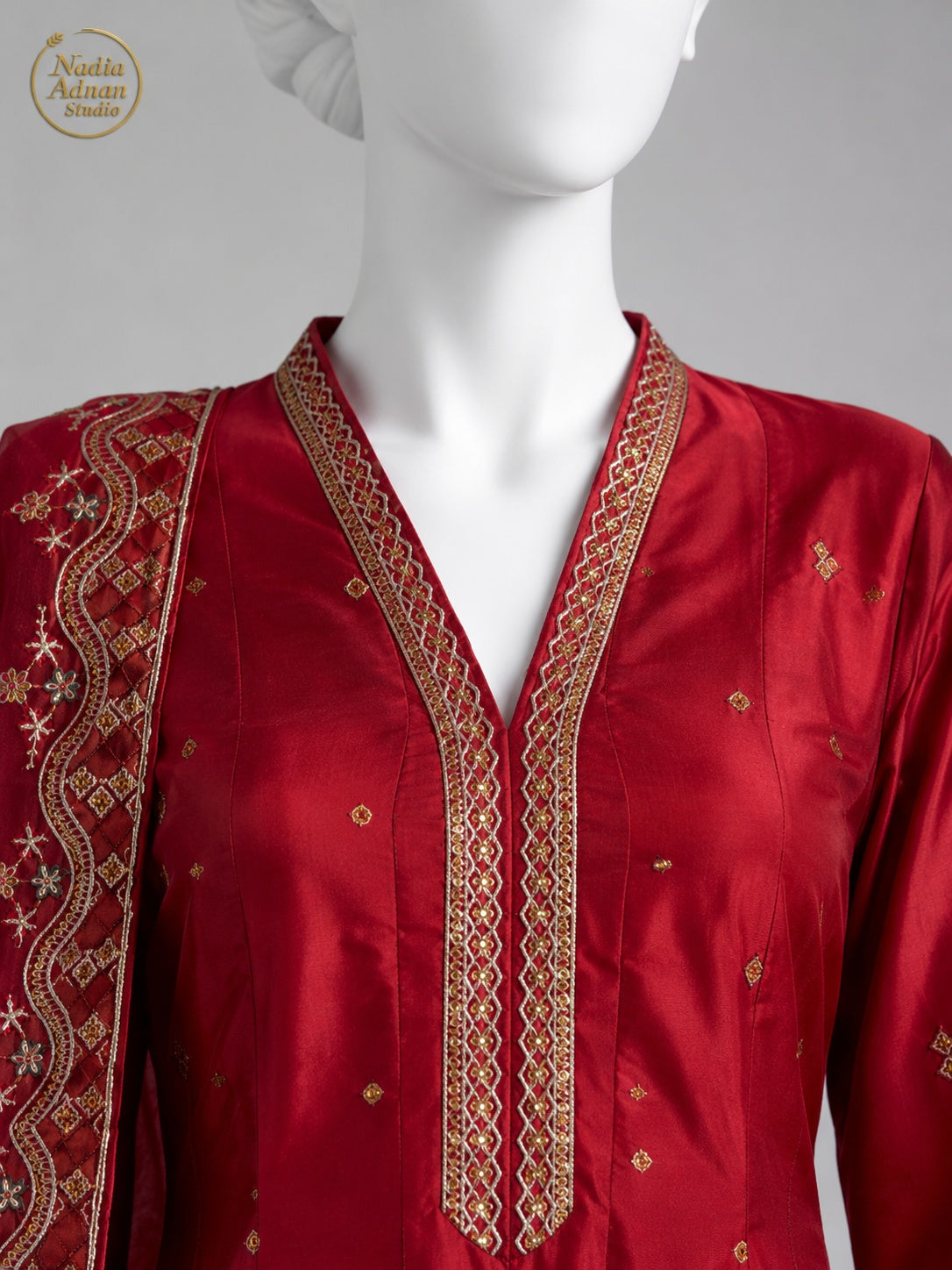 RED KATAN MAXI -M neckline close-up - Red Katan Maxi by Nadia Adnan Studio
