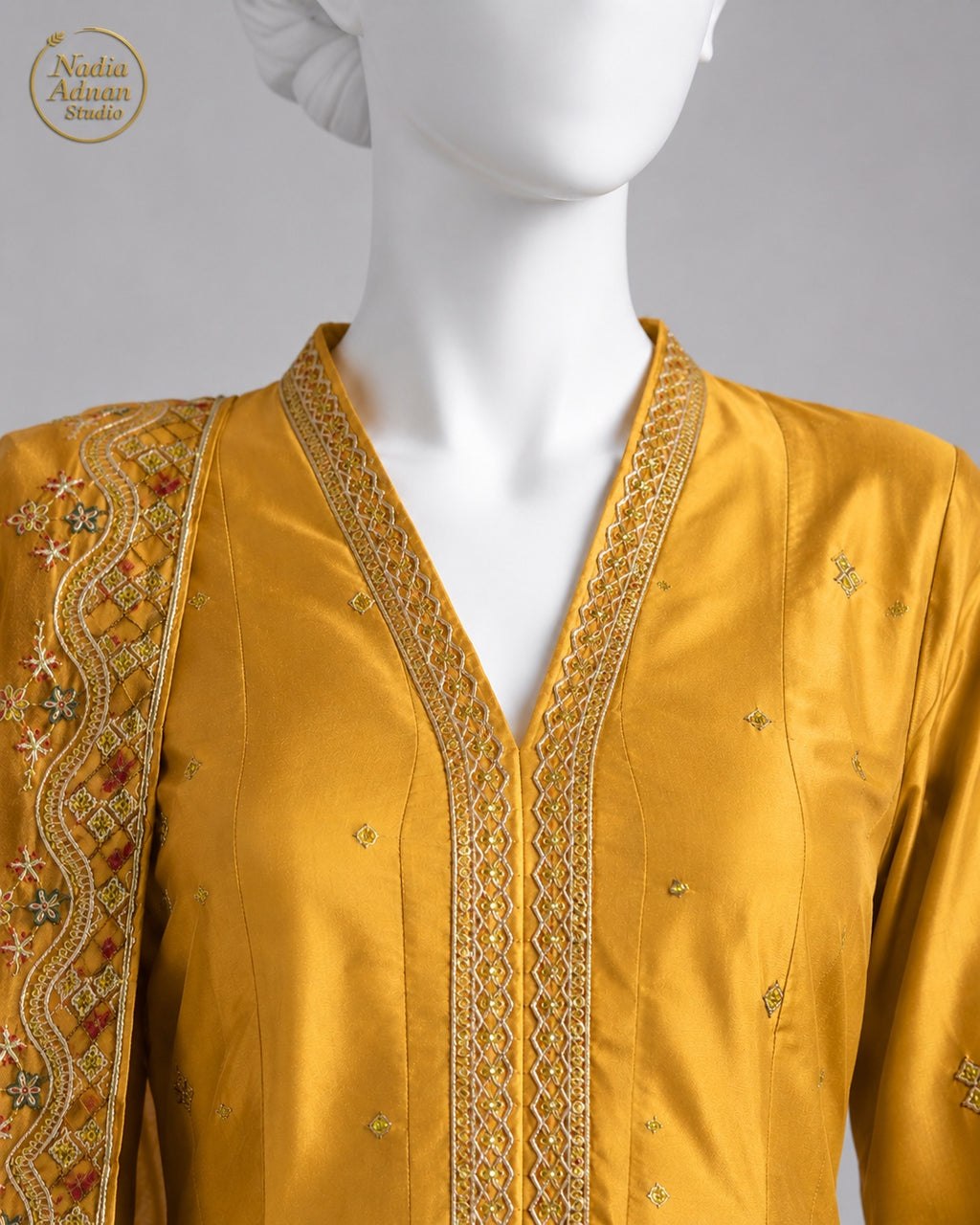 MUSTARD KATAN MAXI -L neckline close-up - Mustard Katan Maxi by Nadia Adnan Studio