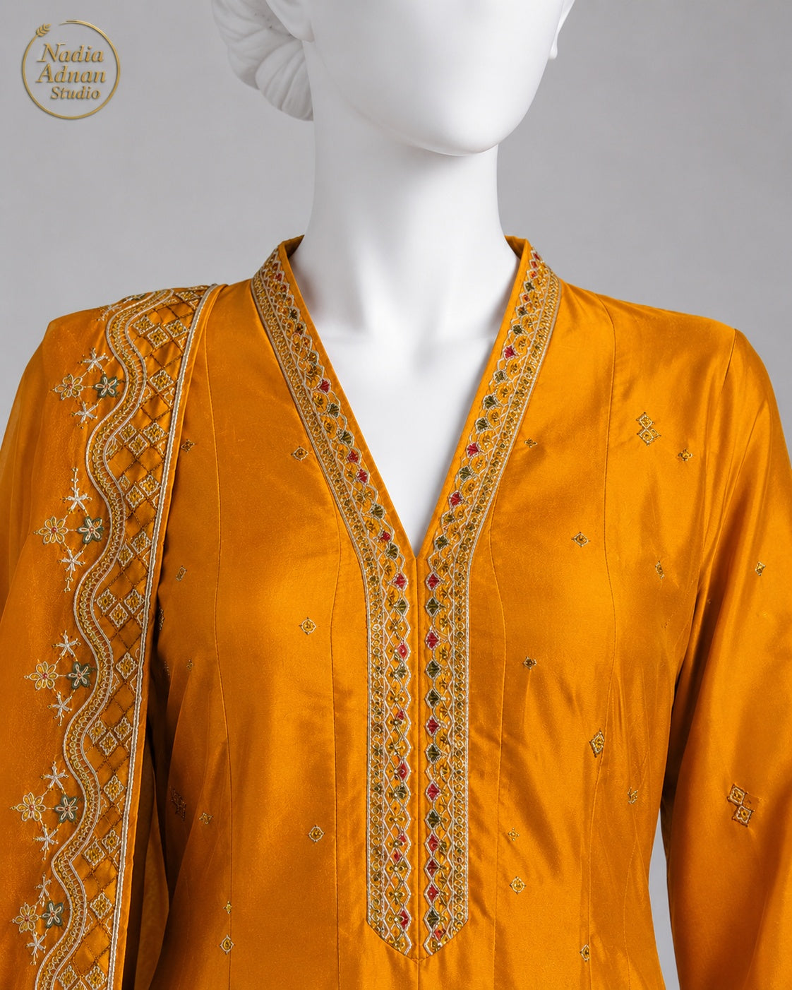 ORANGE KATAN MAXI -M neckline close-up - Orange Katan Maxi by Nadia Adnan Studio