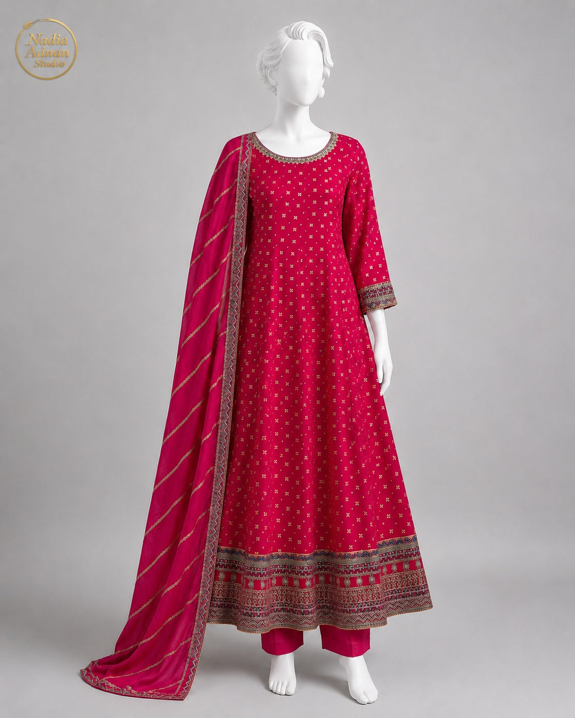 BRIGHT PINK CHIFFON MAXI -M front view - Bright Pink Chiffon Maxi by Nadia Adnan Studio