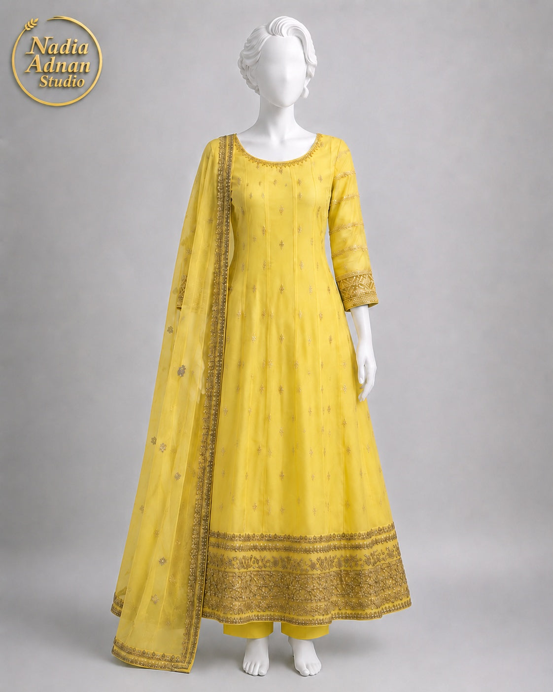LEMON YELLOW CHIFFON MAXI -M front view - Lemon Yellow Chiffon Maxi by Nadia Adnan Studio