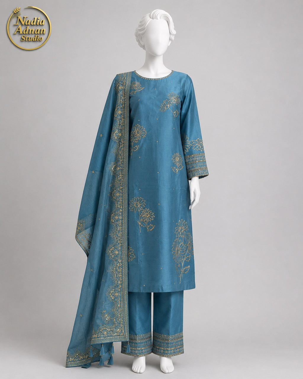 ICE BLUE KATAN SHIRT PLAZO -M front view - Ice Blue Katan Shirt Plazo by Nadia Adnan Studio