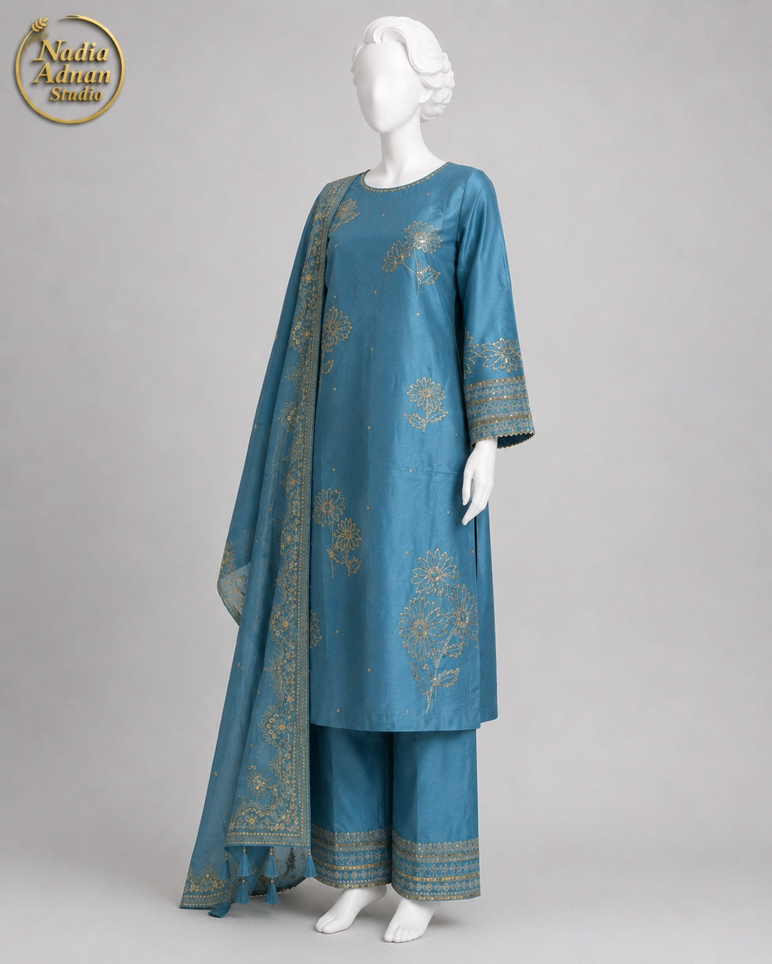 ICE BLUE KATAN SHIRT PLAZO -M side view - Ice Blue Katan Shirt Plazo by Nadia Adnan Studio